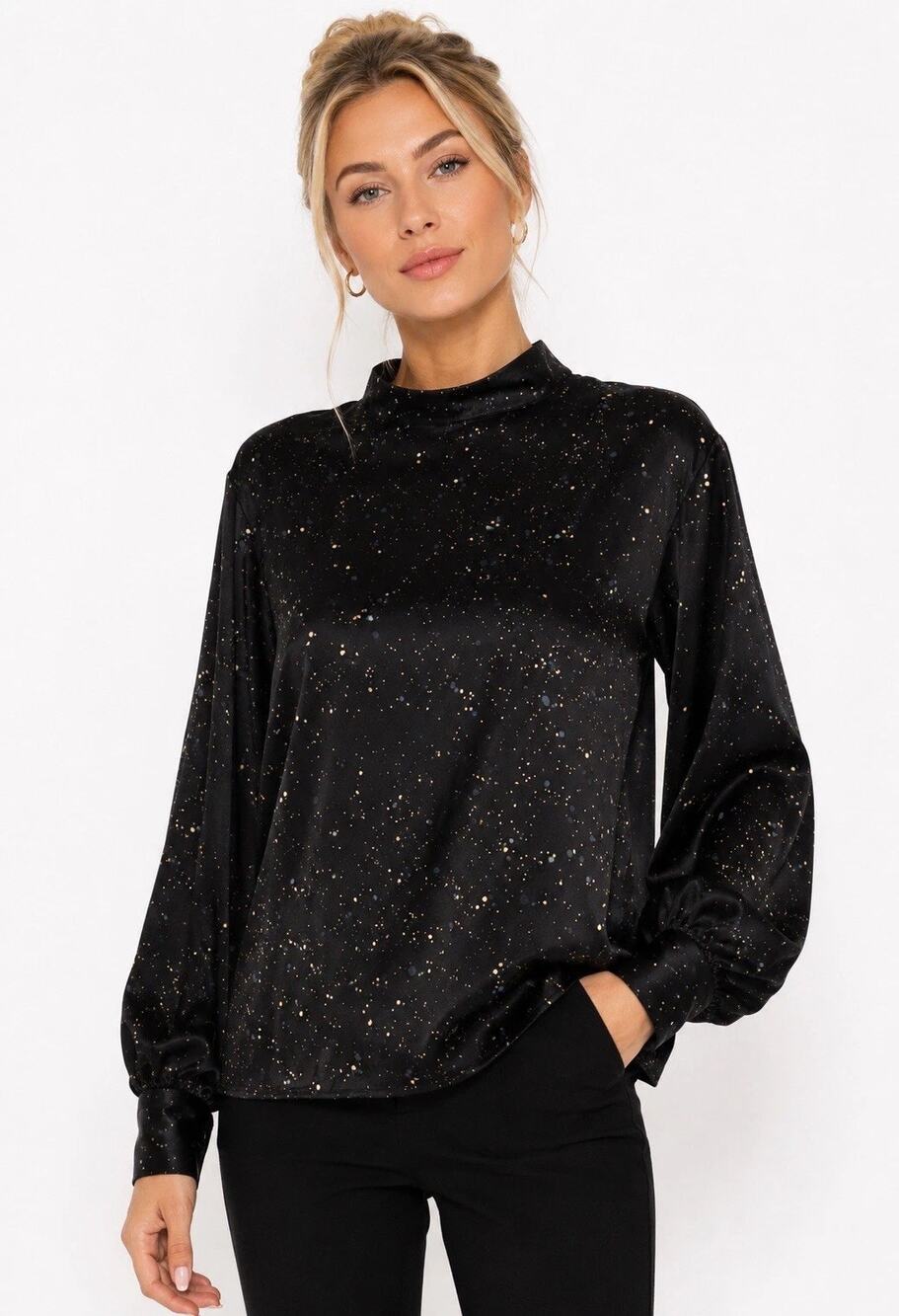 Vince Black Constellation Print Satin Mock Neck Puff Sleeve Blouse Small S